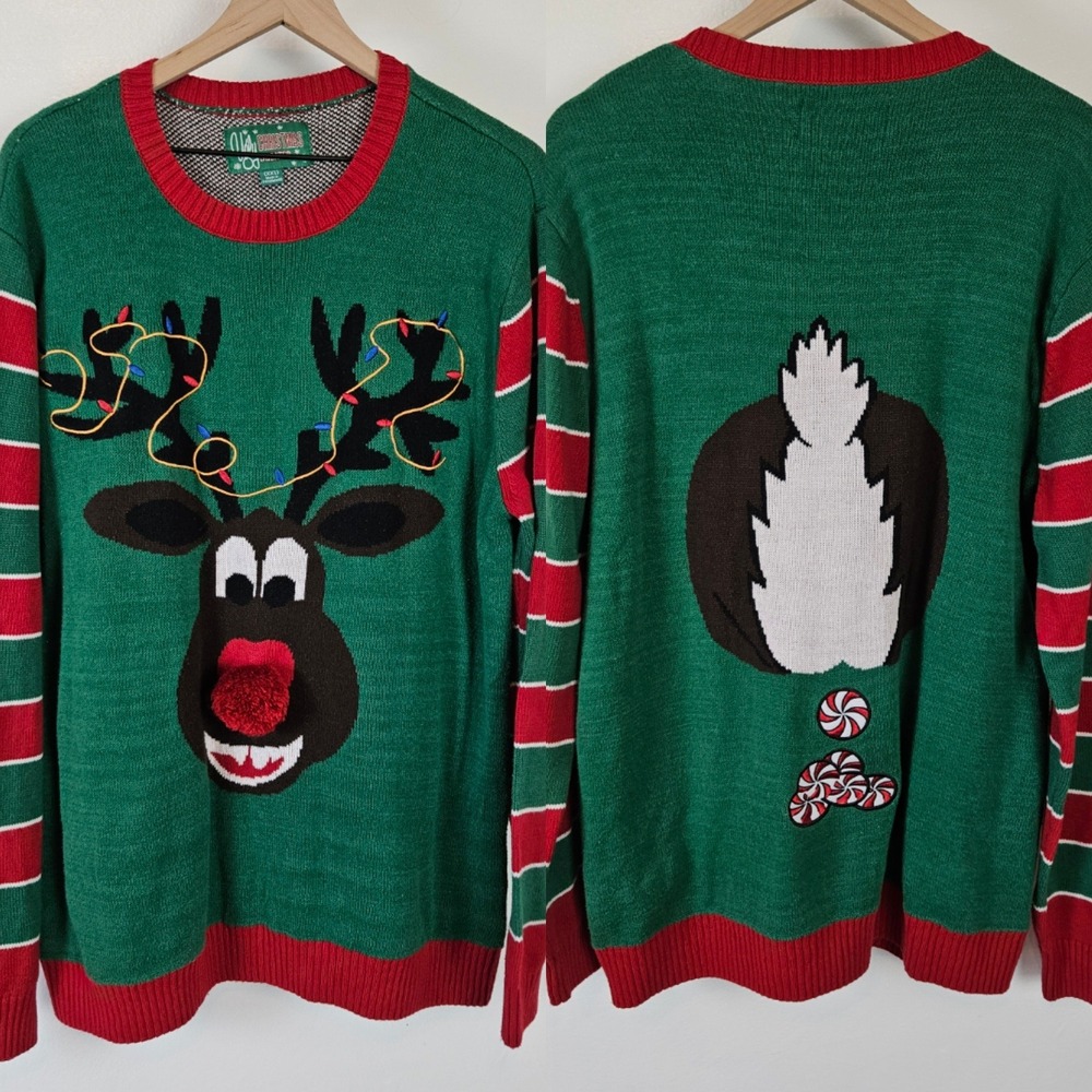 Ugly Christmas Sweater Reindeer Poop Sweater Men's XXL Green Red Stripe